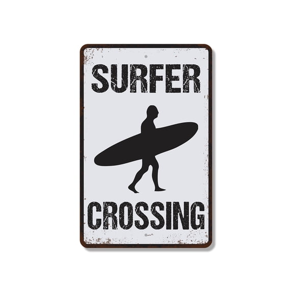 Surfer Crossing 8 Inch x 12 Inch Novelty Plastic Sign Watch For Boards Durable Weatherproof UV Protected Perfect for Beach Houses Garages Driveways Fun Gift for Surfers Beach Bums