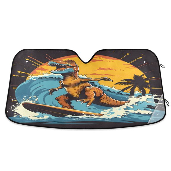 Surfer Dinosaur and Sun Car Windshield Sun Shade Foldable Car Front Window Visor Heat and UV Protection 53x23.5