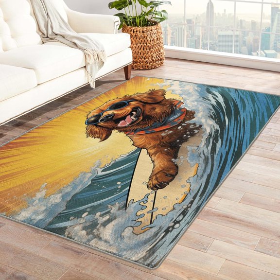 Surfer Dog Rectangle Area Rug – Non-Slip, Machine Washable, Indoor/Outdoor – for Living Room, Bedroom, Entryway – Modern Home Decor Carpet – Non-Slip Backing