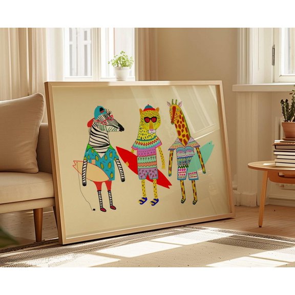 Surfer Friends Childrens Playroom Surfing Animal Art, Unframed Paper Poster 8x10in