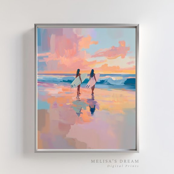 Surfer Girl Beach Art Pastel Sunset Ocean Coastal Summer Decor, Unframed Paper Poster 16x20in