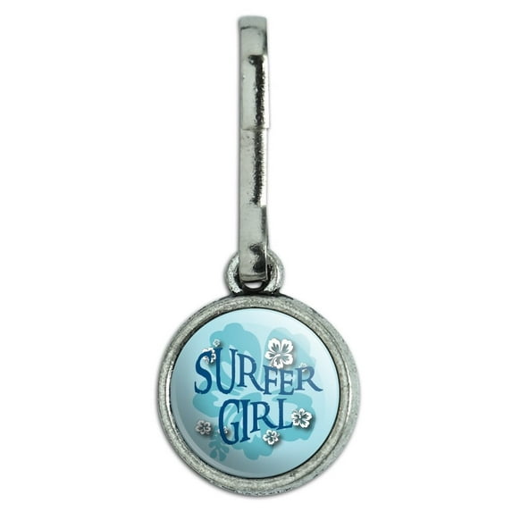 Surfer Girl Beach Hibiscus Flowers Antiqued Charm Clothes Purse Backpack Zipper Pull