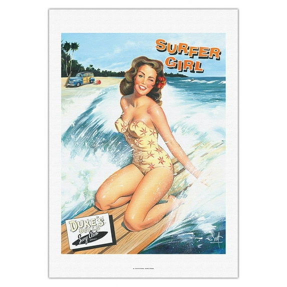 Surfer Girl - Retro Woodie with Surfboards and Surfing Pin-up Girl - From an Original Color Painting by Scott Westmoreland - Fine Art Rolled Canvas Print 27in x 40in
