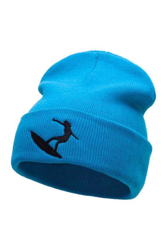Surfer Girl Silhouette Embroidered Long Beanie - Aqua OSFM