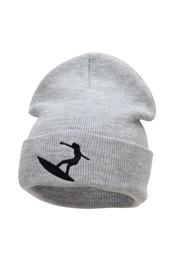 Surfer Girl Silhouette Embroidered Long Beanie - Heather Grey OSFM