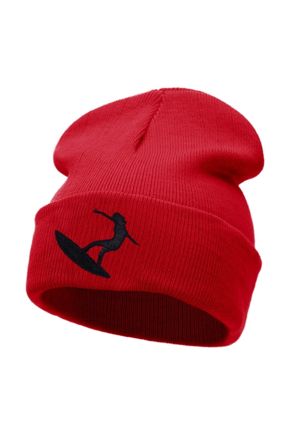 Surfer Girl Silhouette Embroidered Long Beanie - Red OSFM