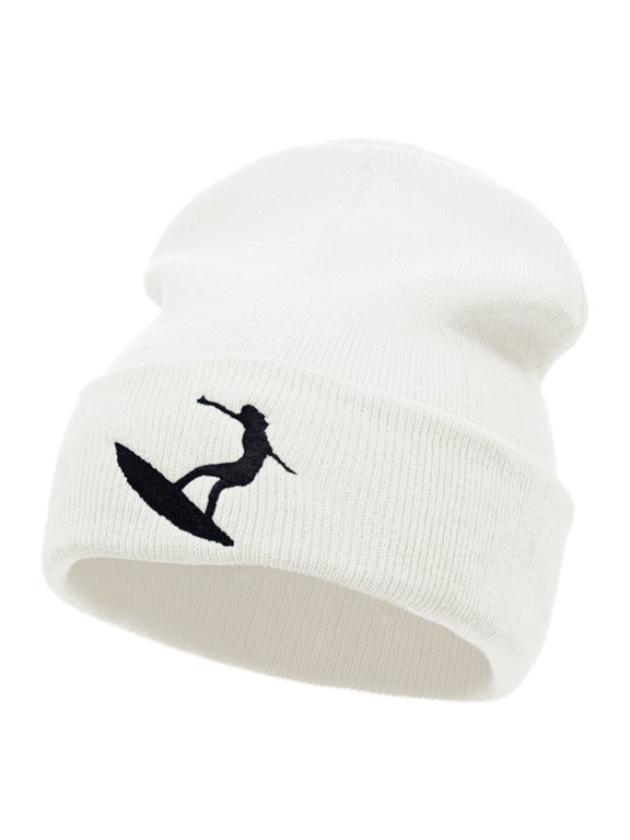Surfer Girl Silhouette Embroidered Long Beanie - White OSFM