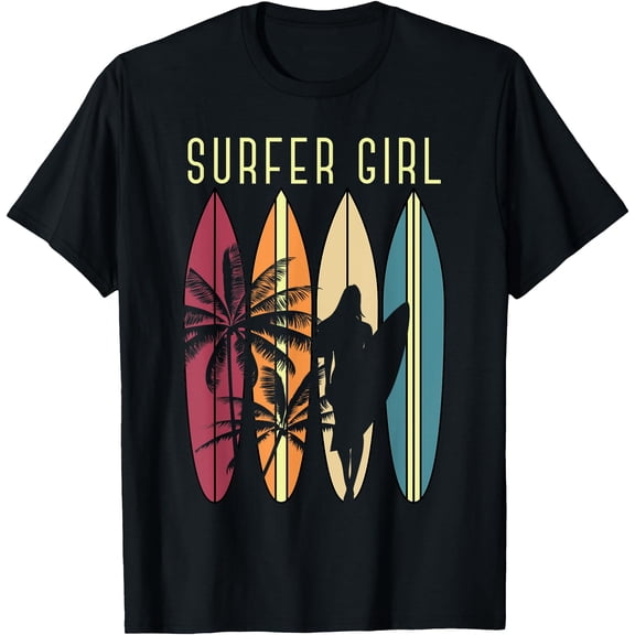 Surfer Girl Surfboard Surfing Ocean Unisex T-Shirt for Men Women Kids Toddler,Black Color,Size XL