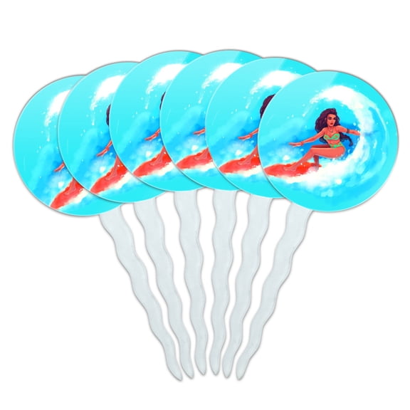 Surfer Girl Surfing On Wave With Surfboard Cupcake Picks Toppers Decoration Set of 6