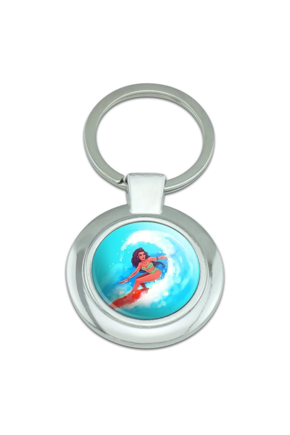 Surfer Girl Surfing On Wave With Surfboard Keychain Classy Round Chrome Plated Metal