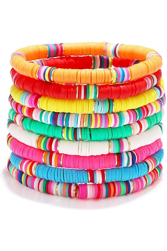 Surfer Heishi Bracelets for Women Stackable Rainbow Vinyl Disc Clay Beaded Stretch Bracelets Elastic Layering Friendship Bracelets Boho Summer Beach Jewelry