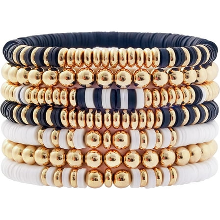 Surfer Heishi Clay Bead Bracelets for Women Bohemian Stackable Gold Beaded Stretch Bracelets Elastic Layering Friendship Bracelets Set Boho Jewelry