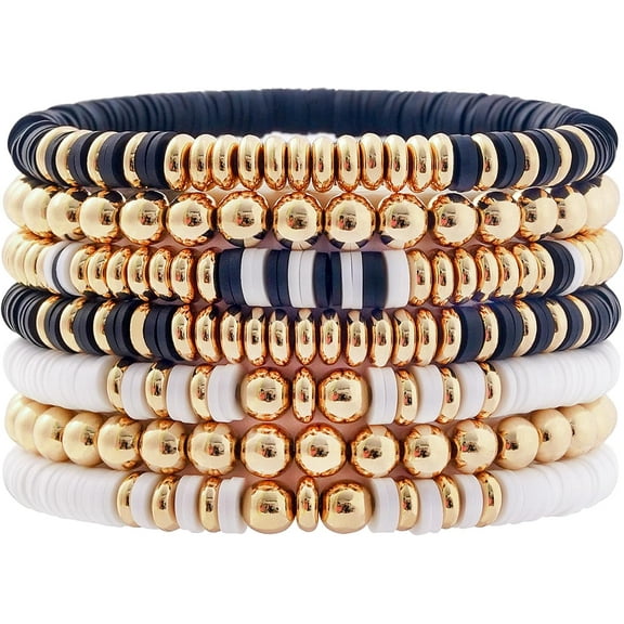 Surfer Heishi Clay Bead Bracelets for Women Bohemian Stackable Gold Beaded Stretch Bracelets Elastic Layering Friendship Bracelets Set Boho Jewelry