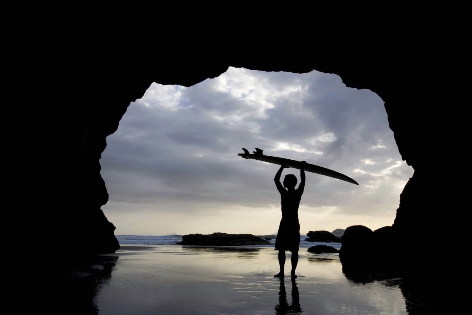 Surfer Inside A Cave At Muriwai North Island New Zealand Canvas Art - Deddeda Design Pics (17 x 11)