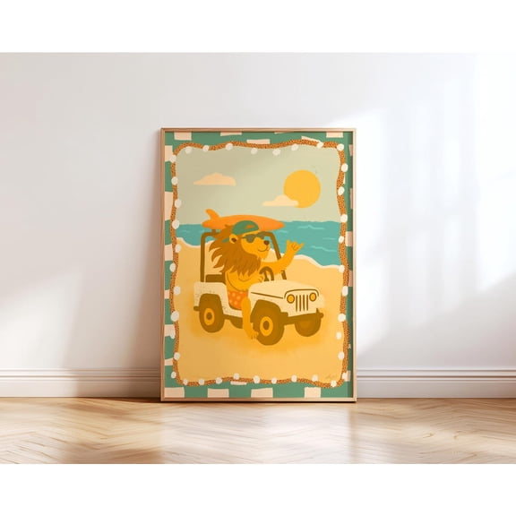 Surfer Lion Wall Art For Room Boho Beach Nursery Unframed Paper Print