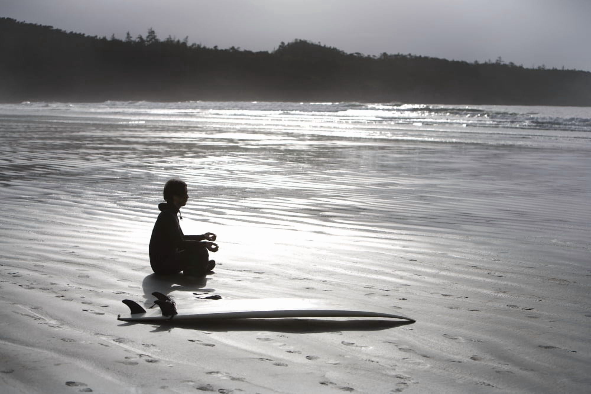 Surfer Meditating On Beach Cox Bay Near Tofino British Columbia Canada Canvas Art - Deddeda Design Pics (17 x 11)