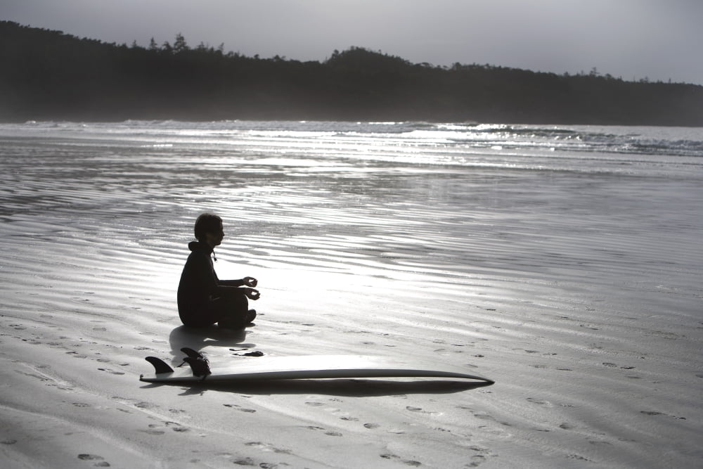 Surfer Meditating On Beach Cox Bay Near Tofino British Columbia Canada Canvas Art - Deddeda Design Pics (34 x 22)