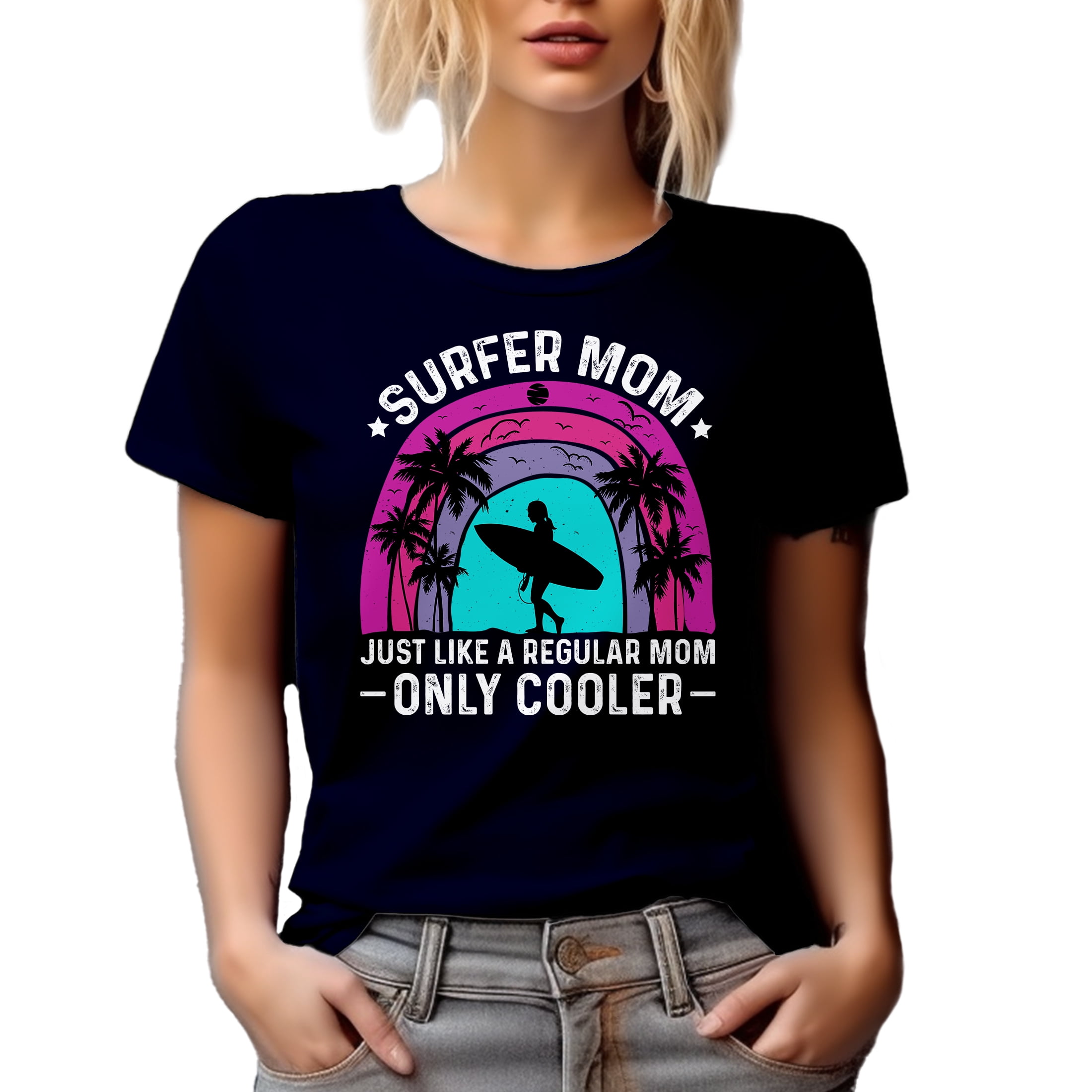 Surfer Mom Like a Regular Dad but Cooler - Surfing Enthusiast Mother Quote, Navy Blue T-Shirt, Small