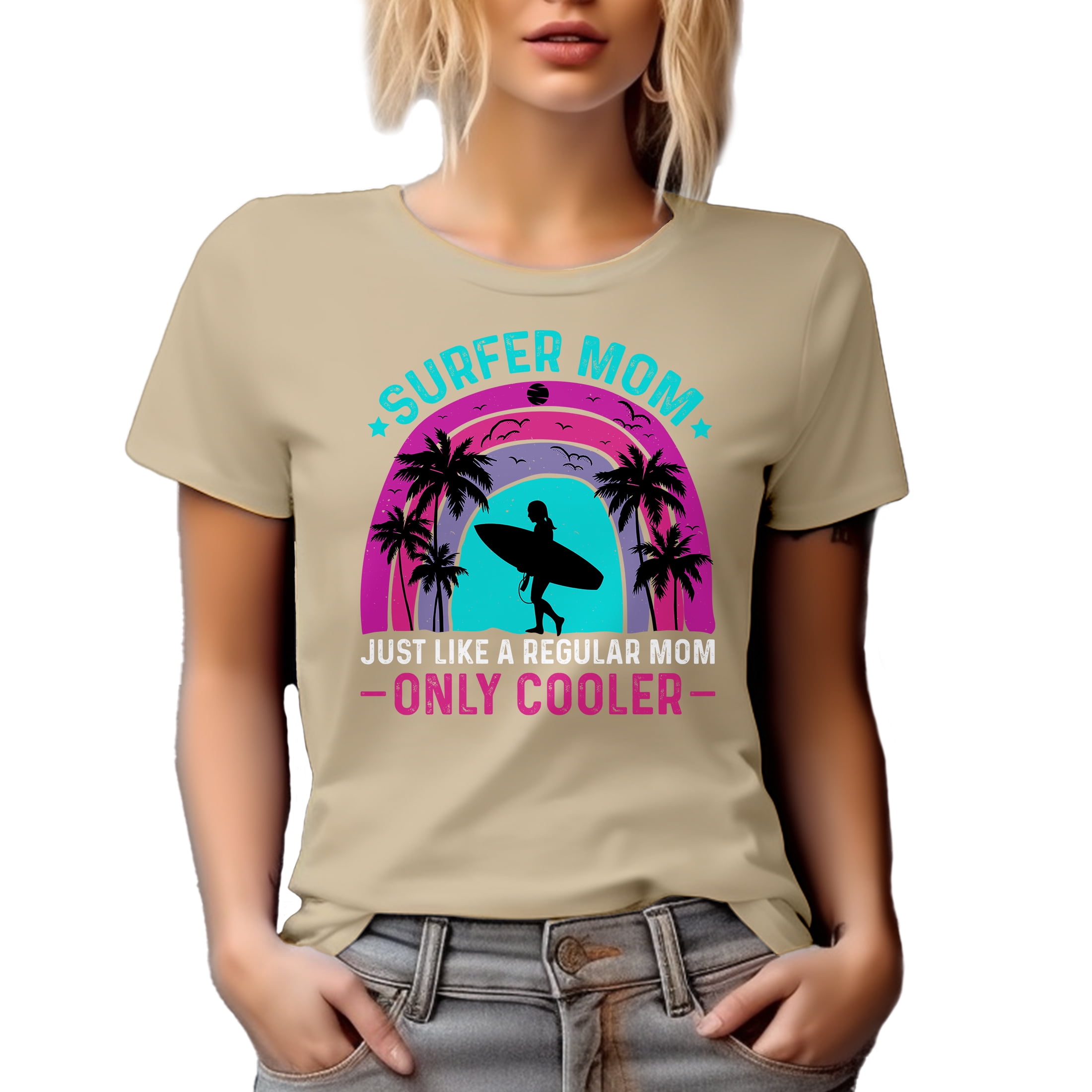 Surfer Mom Like a Regular Dad but Cooler, Surfing Enthusiast Mother's Day, Tan T-Shirt, Medium