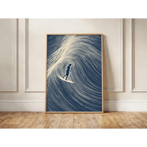 Surfer Moody Coastal Line Wall Art Navy Blue Ocean Wave Print, Unframed Paper Print