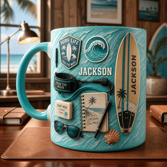 Surfer Mug 3D Effect Custom Name Surfboard Ocean Wave Tropical Aqua Blue Coffee Cup