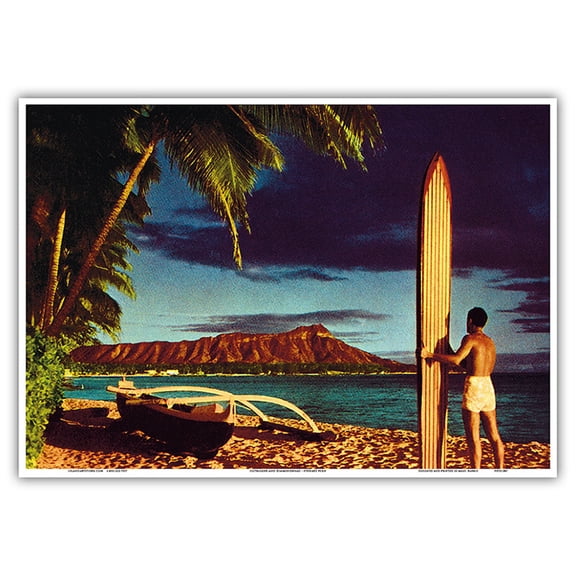 Surfer Outrigger Canoe and Diamond Head Crater - Honolulu Hawai’i - Vintage Hawaiian Kodachrome Postcard by Stewart Fern c.1951 - Master Art Print 10in x 14in