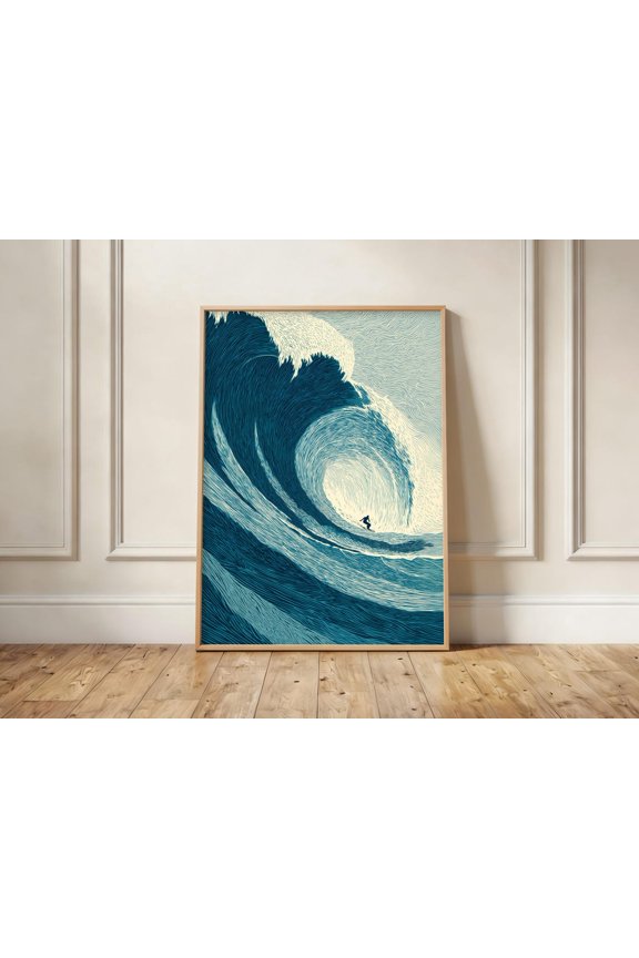 Surfer Riding Barrel Wave Wall Art Dramatic Blue Coastal Surf Decor, Unframed Paper Print