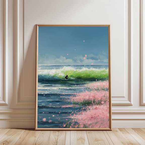 Surfer Riding Green Wave With Cherry Blossoms Coastal Spring Seascape Print, Unframed Paper Print