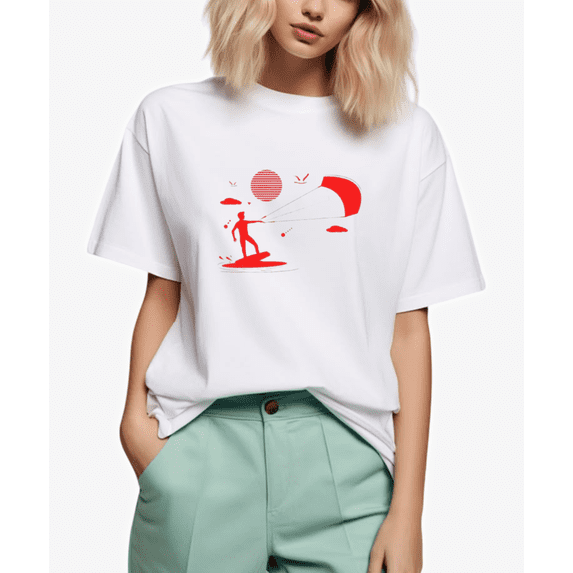 Surfer Riding Waves Beside Colorful Kite In Open Sea Unisex T-Shirt, for men & women, up to size 5XL
