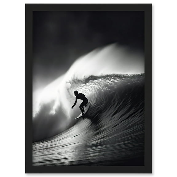 Surfer Riding a Big Wave Black and White Photo Artwork Framed Wall Art Print A4