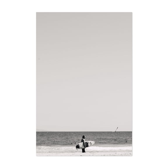 Surfer - Santa Monica California Photography Surf Beach Black and White Ocean Surfboard Minimalist Seascape Unframed Wall Art Print 24 x 36 inches