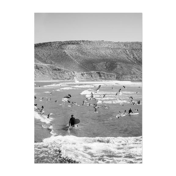 Surfer & Seagulls - Imsouane Souss-Massa Morocco Photography Black and White Surf Beach Ocean Waves Seascape Bird Unframed Wall Art Print 4 x 6 inches
