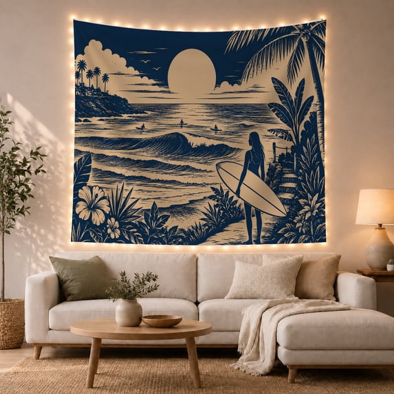 Surfer Silhouette at Sunset on a Navy Cream Coast, Serene Coastal Style for Surfing Fans, Beach Wall Decor Housewarming Gift, Tapestry Wall Hanging for Bedroom and Dorm