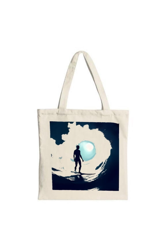Surfer Silhouette Tote Bag - Canvas Multifunctional Reusable Shopping Bag with Dramatic Wave & Moon Design Perfect for Travel & Parties