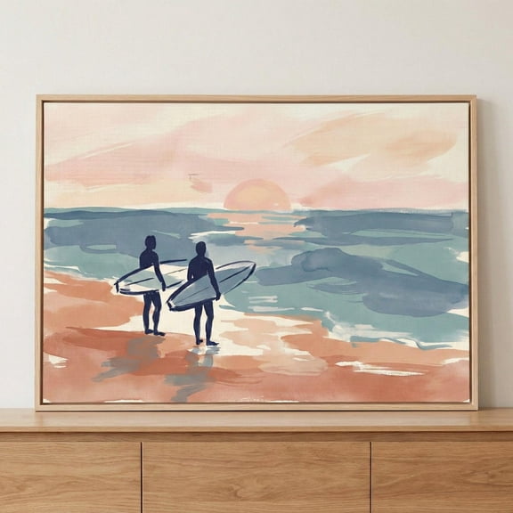 Surfer Silhouettes Sunset Beach Wall Art, coastal ocean landscape decor, minimalist surf aesthetic print, tropical seaside illustration Unframed Paper Print