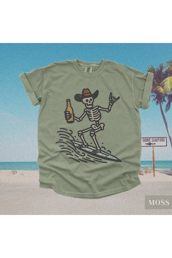 Surfer Skeleton TShirt Hold My Beer Cowboy Surfing Shirt, Retro Y2K 90s Graphic Tee, Boho