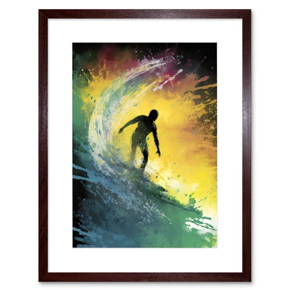 Surfer Surfing Riding a Big Rainbow Colour Wave Artwork Framed Wall Art Print 9X7 Inch