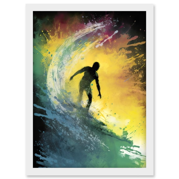 Surfer Surfing Riding a Big Rainbow Colour Wave Artwork Framed Wall Art Print A4