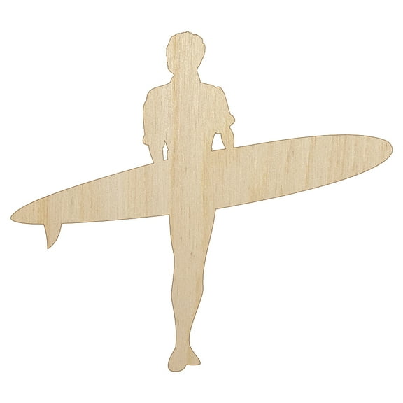 Surfer Surfing Walking with Surfboard Silhouette Wood Shape Unfinished Piece Cutout Craft DIY Projects - 4.70 Inch Size - 1/8 Inch Thick