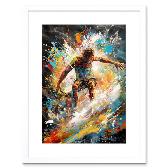 Surfer Surfing on Crashing Waves Splatter Paint Artwork Framed Wall Art Print 9X7 Inch