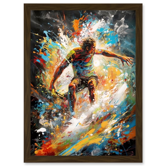 Surfer Surfing on Crashing Waves Splatter Paint Artwork Framed Wall Art Print A4