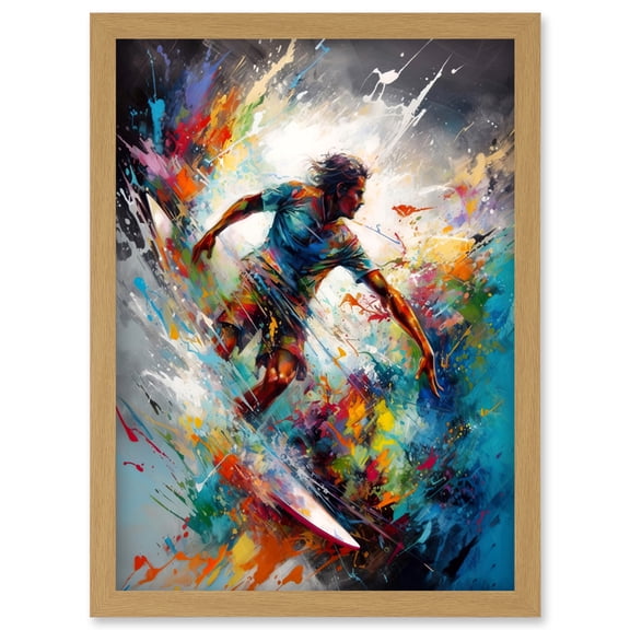 Surfer Surfing on Rainbow Paint Splat Waves Artwork Framed Wall Art Print A4