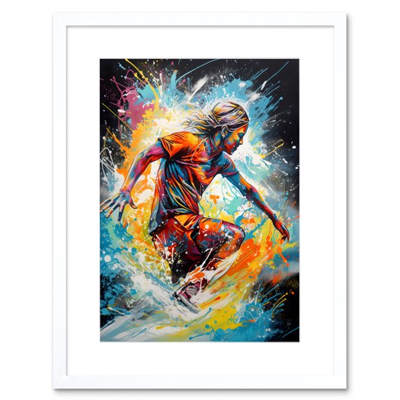 Surfer Surfing on Splatter Paint Crashing Waves Artwork Framed Wall Art Print 9X7 Inch