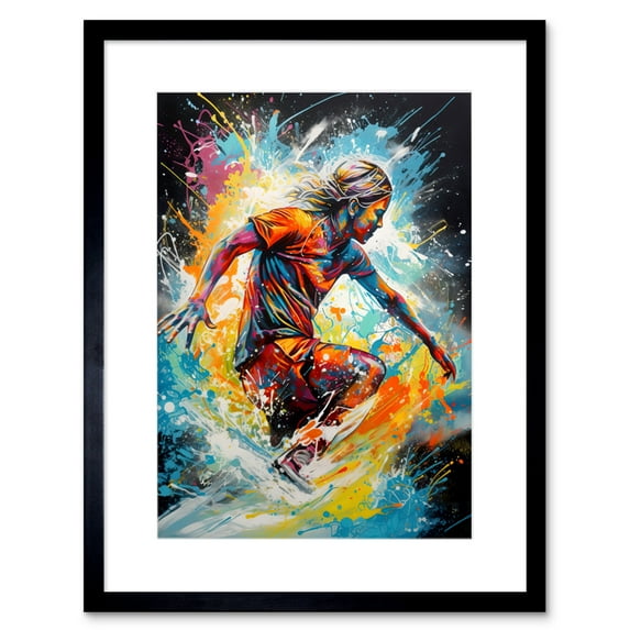 Surfer Surfing on Splatter Paint Crashing Waves Artwork Framed Wall Art Print 9X7 Inch