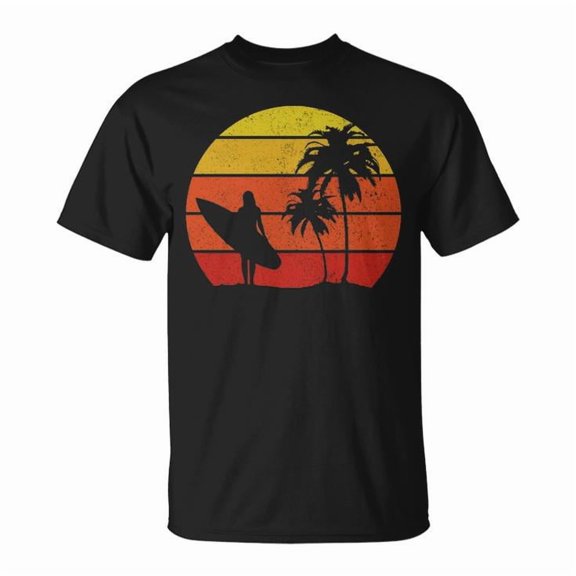 Surfer Vintage Surfing Beach Graphic Tee Unisex Adult Cotton Retro Ocean Wave Summer Casual Shirt, Size S, Color Black