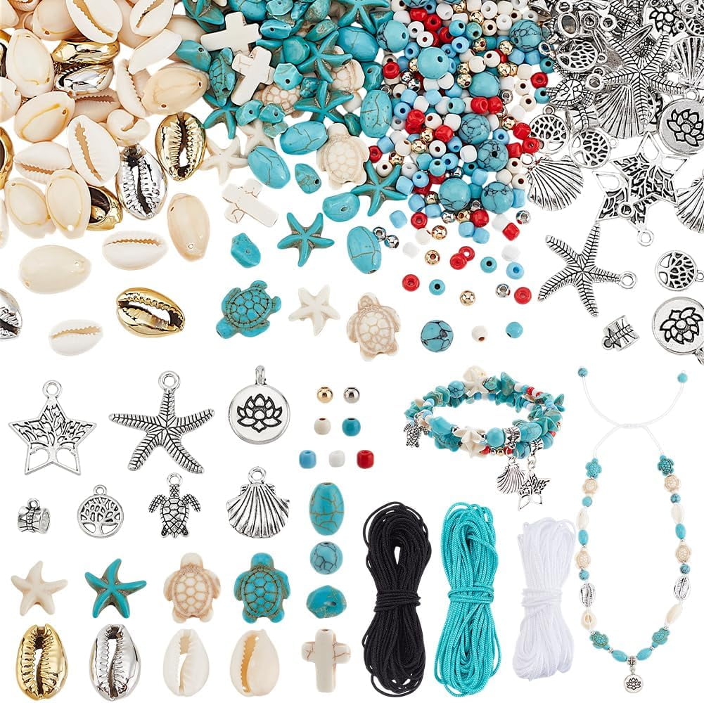 Surfer Wave Boho Bracelet Making Kit 710pcs Blue Beads Bracelet Kit Turquoise Turtle Starfish Beads Ocean Seashell Charms with Cords