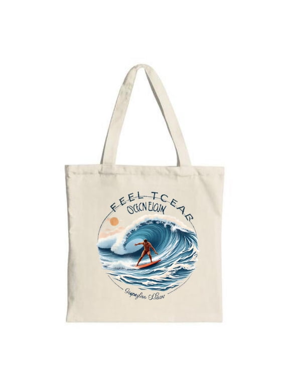 Surfer Wave Tote Bag - Vibrant Blue & White Design with Sun ' FEEL THE CEEAS ' Text Perfect for Shopping Travel & Parties