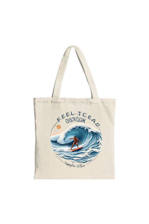 Surfer Wave Tote Bag - Vibrant Blue & White Design with Sun ' FEEL THE CEEAS ' Text Perfect for Shopping Travel & Parties