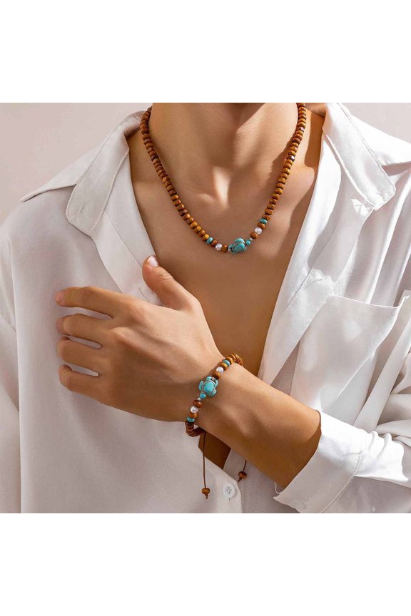Surfer Wooden Bead Turtle Bracelet And Necklace Set