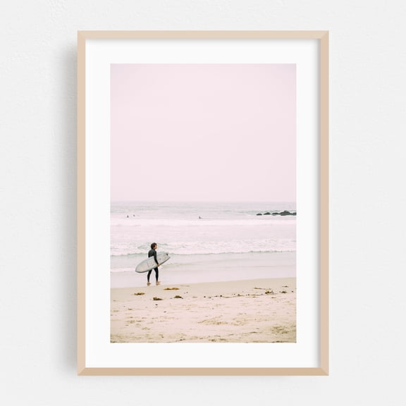 Surfer in LA - Los Angeles California Photography Surfboard Beach Ocean Waves Coastal Seascape Surf Oak Framed Wall Art Print 24 x 36 inches